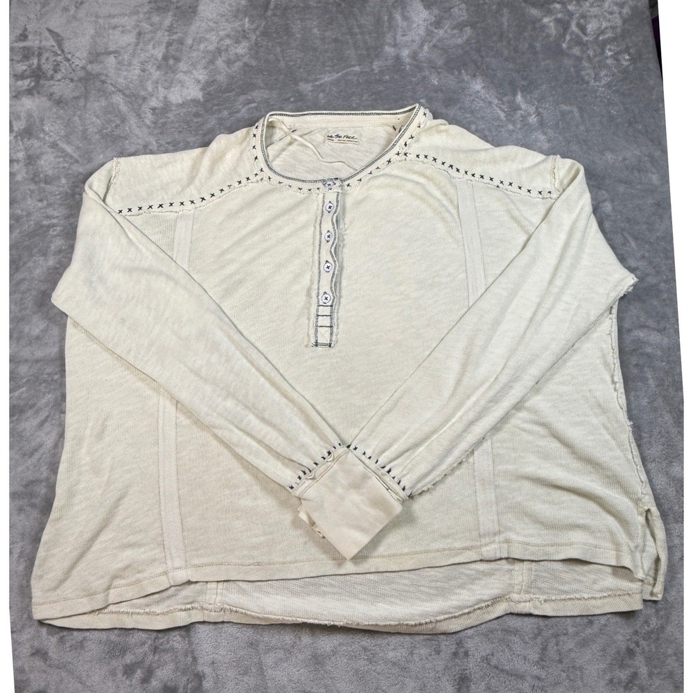 We The Free People Cream Long Sleeve Button Up Top Bohemian Relaxed Fit - Picture 2 of 11